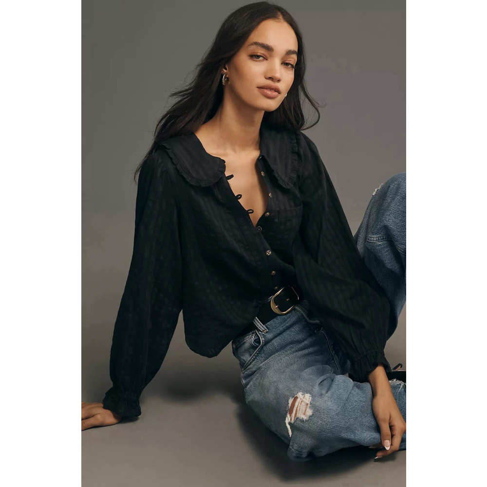 Anthropologie The Keira Collared Button Front Blouse by Pilcro XXS Long Sleeve
